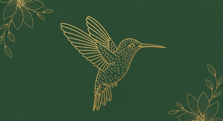 Fototapeta premium Golden hummingbird in flight on dark green background with leaves