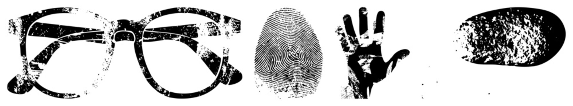 Distressed glasses, fingerprint swirl, handprint, shoe tread vector, grunge texture. Synonyms spectacles, print, footprint, palm, sole.