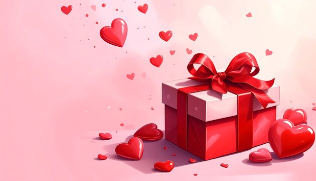 A gift box with a red bow surrounded by hearts
