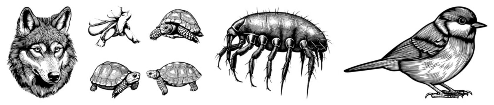 Hand drawn wildlife sketches featuring wolf, turtles, mite, and sparrow, rendered in intricate art with shading, ideal for nature, biology, or vintage graphic design.