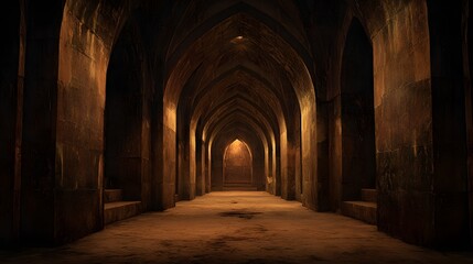 Obraz premium Ancient Stone Corridor with Arched Ceilings and Dim Lighting.