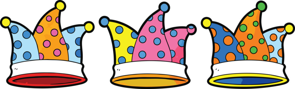 Colorful jester hats with polka dots, festive carnival costume accessories, playful clown headwear illustration for celebration, party, and entertainment themes