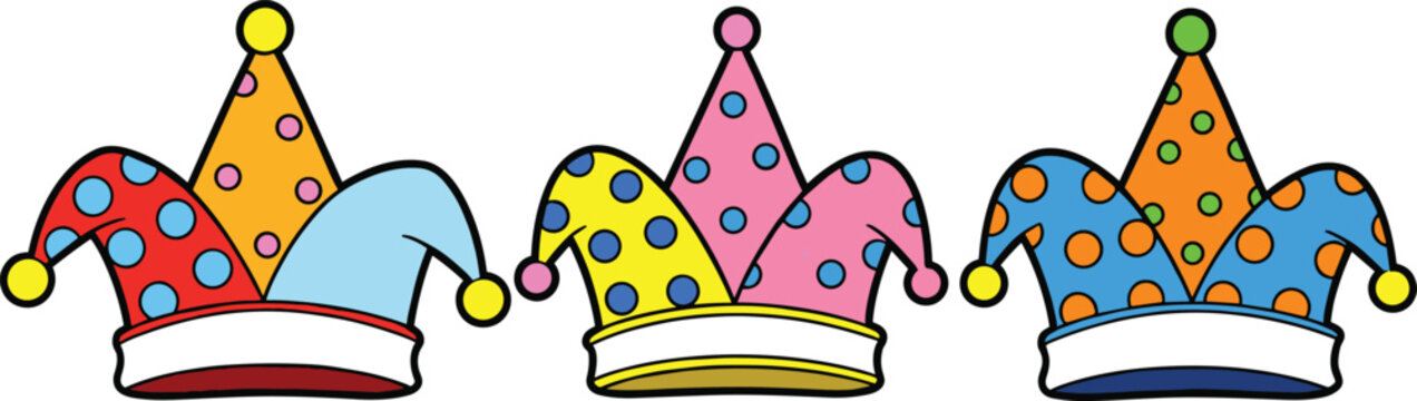 Colorful jester hats illustration with playful festive designs in red, blue, pink, orange, and multicolored dotted patterns