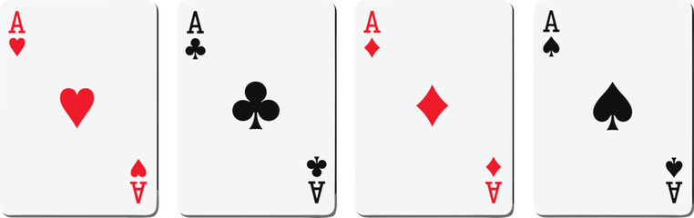 Large collection of four ace playing cards vector illustration featuring heart club diamond and spade suits for casino gambling poker night and leisure game designs © MdGohurul