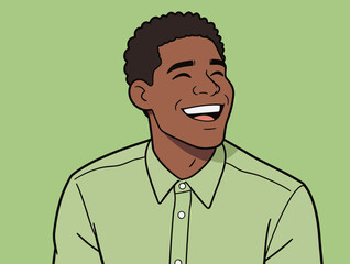 Fototapeta premium Man smiles while wearing a light green shirt in front of a simple green background during a casual moment