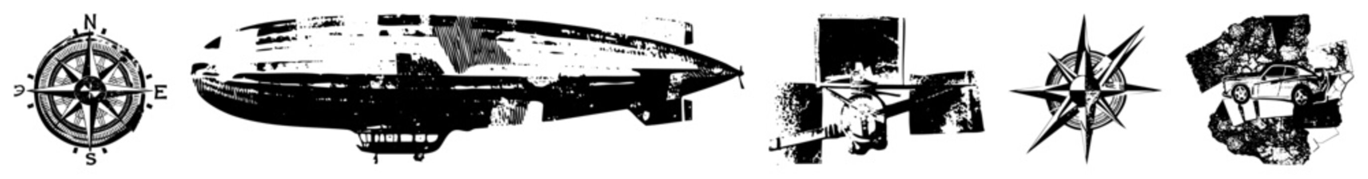 Nautical compass rose directional guide, airship zeppelin silhouette, satellite dish, star compass, car on terrain map all isolated vector graphics with flat design.