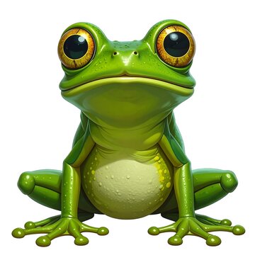 A green frog with big eyes and a large belly sitting