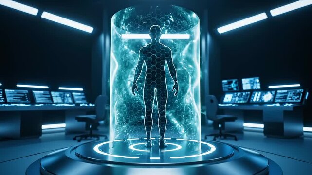 Human figure inside futuristic pod with glowing energy field, advanced laboratory performing cloning or digital reconstruction, science fiction technology and human experiment concept