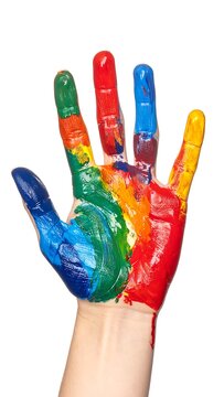 A hand with rainbow-painted fingers on a white background