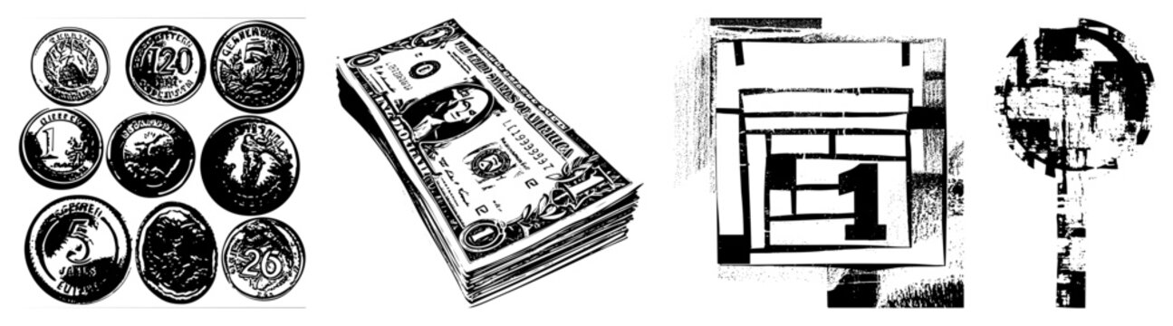 Bundled currency featuring George Washington, assorted global coins with denominations, financial assets, money collection, cash stack.