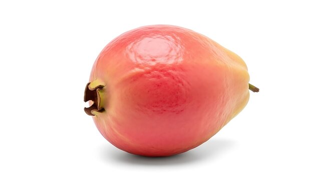 One whole rosy pink java apple fruit with a slight sheen rests on a stark white surface showing subtle texture variations.