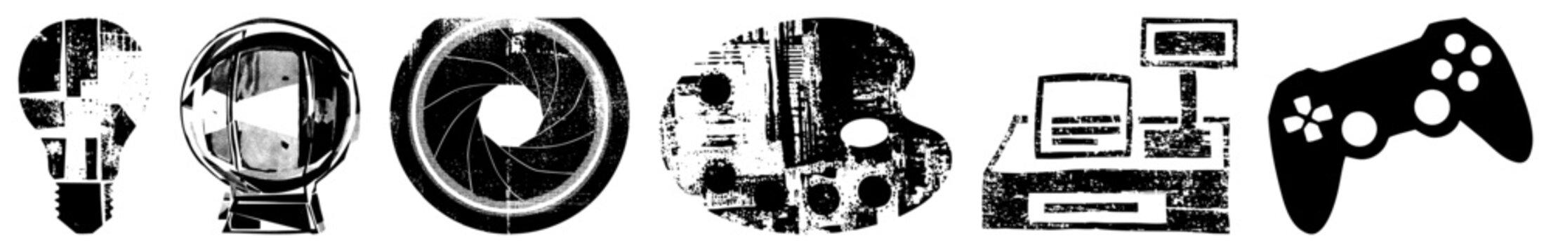 Digital symbols representing technology camera lens, gamepad, vintage PC, stylized, tech graphics, vector art, design.