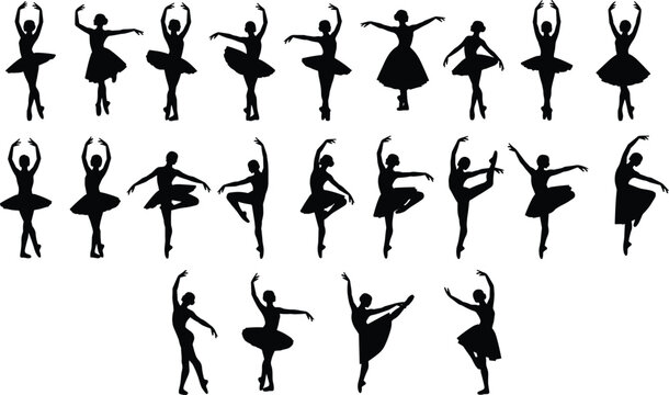 Minimalist vector illustration of ballet dancer silhouettes in classical poses, modern dance icon symbolizing elegance, movement, artistry, performance