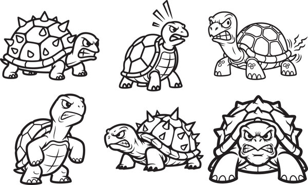 Funny Angry Simple Turtle Bold Outline Silhouette Line Art Set