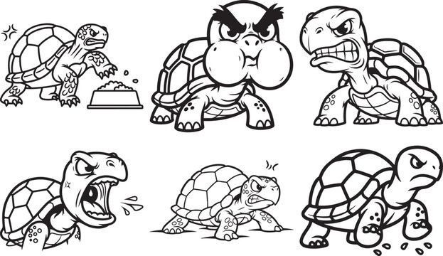 Funny Angry Simple Turtle Bold Outline Silhouette Line Art Set