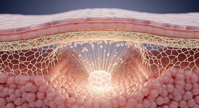 A detailed 3d medical visualization showing the structural layers of human skin and cellular activity