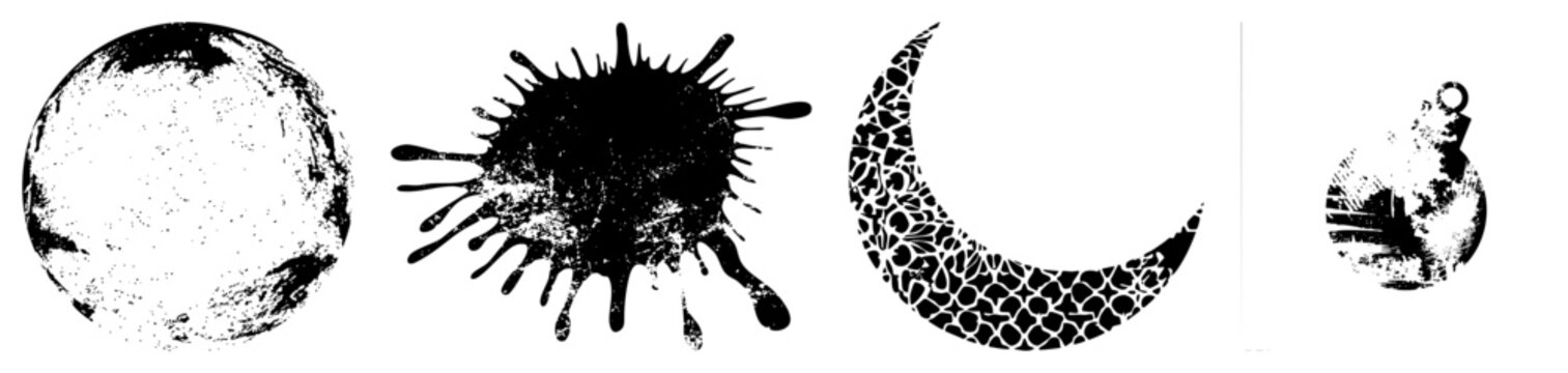Four black and white vector with grunge texture moon, ink splatter,, stylized pendant. Retro, gritty, artistic design elements for graphic projects.