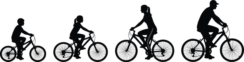 Fototapeta premium Silhouette bicycle riders progression from child to adult, symbolizing growth, aging, independence, and life stages through cycling