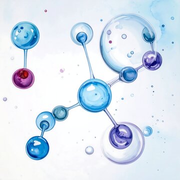 A molecule structure with blue and purple bubbles