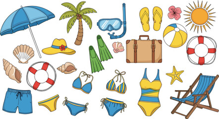 Summer beach vacation illustration with umbrella, palm tree, snorkeling gear, seashells, suitcase, swimwear, beach chair, and colorful holiday items © Momotaj