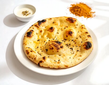 A plate of toasted naan bread on a white surface