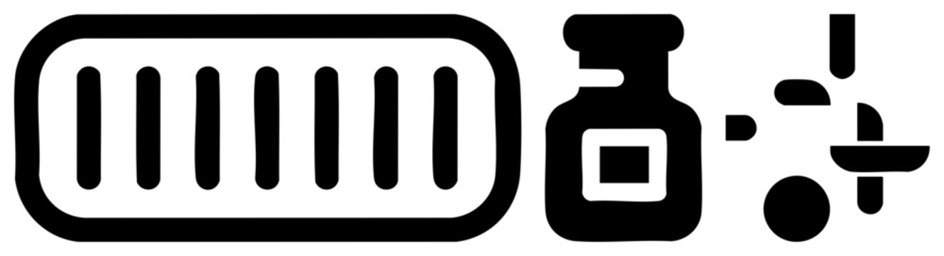 Flat vector including grill grate, bottle with square label, and scattered geometric shapes, isolated design elements for UI or branding.