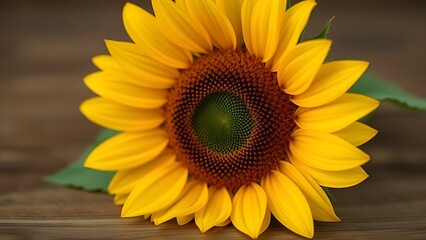 Fototapeta premium Close-up of a sunflower on a wooden surface with even lighting and shallow depth.