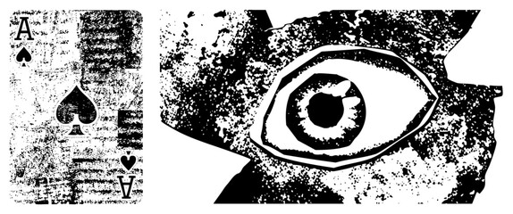Obraz premium Grunge style playing card ace of spades, textured eye motif, tarot inspired design, vector halftone art, occult symbolism, isolated graphic element.