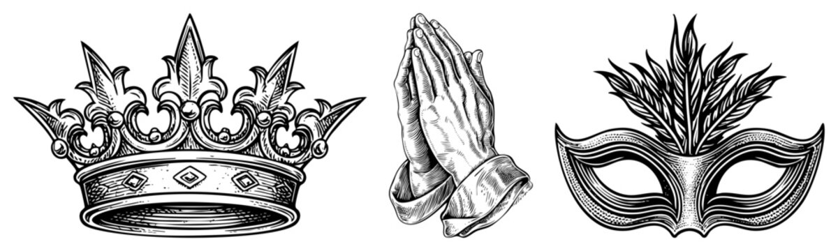 Ornate crown with fleur de lis, clasped hands in prayer, elegant Venetian mask with feathers, engraved art, symbolic, black and white vector graphics.