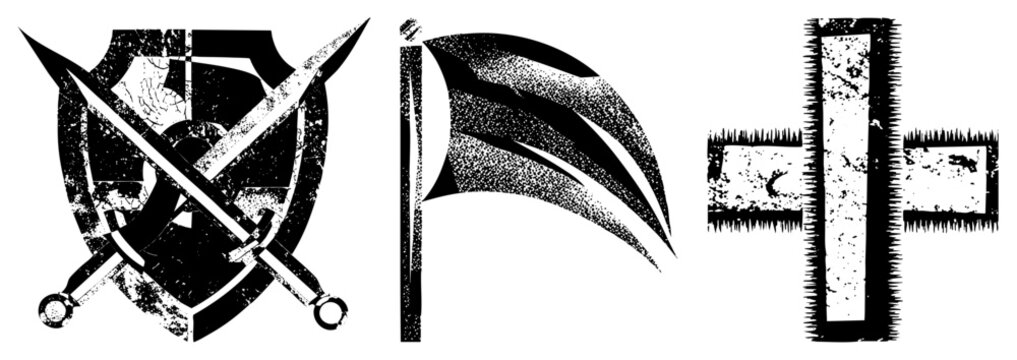 Vintage warrior emblems, with swords, tattered flag, rusted iron gate, distressed design, battle motif.