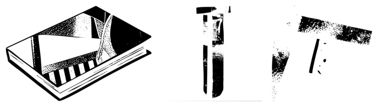 Isometric book illustration with halftone shading, geometric shapes, stylized pages, graphic design element, vector art.