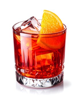 A short cocktail glass filled with a dark red drink and ice