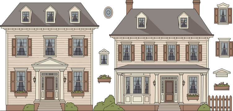 Classic two story residential house vector illustration set with colonial architectural details shutters dormer windows and picket fence for real estate and suburban neighborhood design