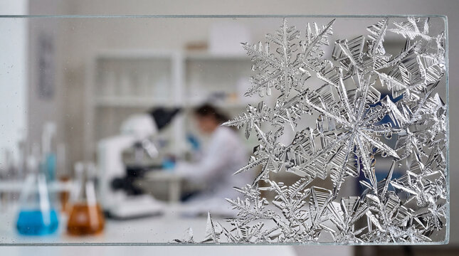 Geometric Chemical Crystallization Process on Glass Surface with Detailed Macro View and Copy Space