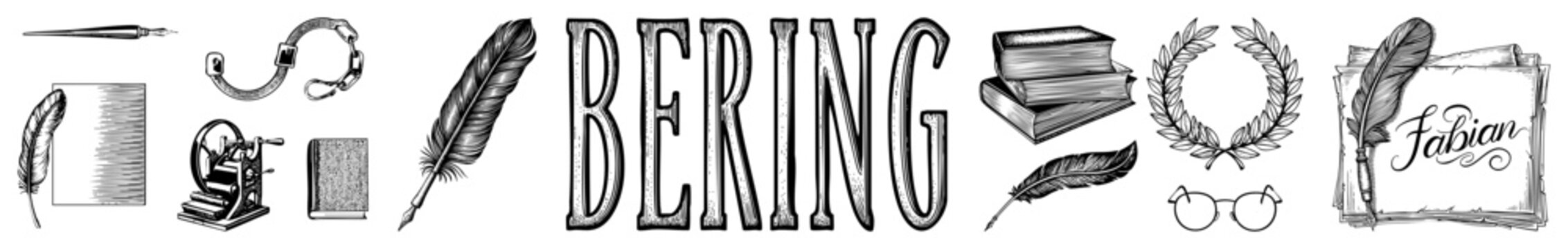 Classic scholarly emblem set quill pens, laurel wreath, typewriter, glasses, stacked books, and ornate "BERING" lettering, ink drawn style, academic insignia.