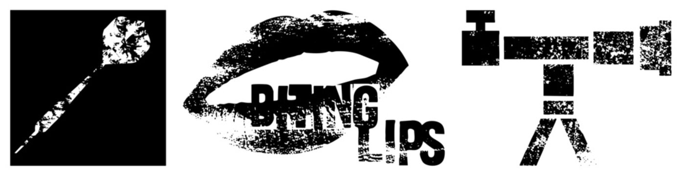 Stylized, lips with &ldquo;BITING LIPS&rdquo; text, and abstract geometric shapes rendered in gritty vector art. Grunge texture, bold black strokes,, graphic design elements.