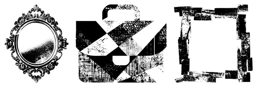 Decorative mirror with rococo frame, abstract suitcase silhouette, torn paper border frame, vintage graphic elements, black and white vector art.