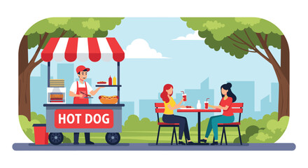 Naklejka premium Street food vendor serves customers at a hot dog stand in a scenic urban park during a sunny afternoon outdoors.
