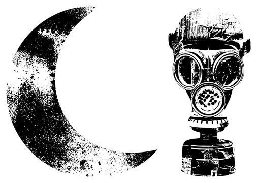 Distressed gas mask beside moon, stencil style graphic, dystopian, halftone texture, vector art, apocalyptic symbol.