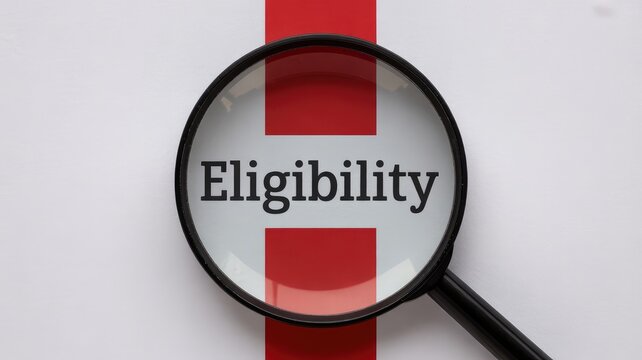 Magnifying glass focuses sharply on the word eligibility placed over the flag of England symbolizing official scrutiny.