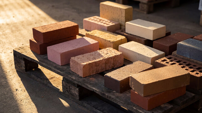 An assortment of different types of construction bricks on a rustic wooden pallet under golden sunlight