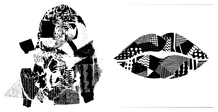 Stylized lips and face silhouette composed of fragmented geometric, vector art, graphic design element, fashion illustration, pop art aesthetic.
