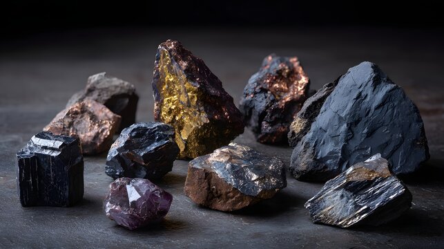 Collection of Raw Mineral Ores and Rocks on a Dark Surface.
