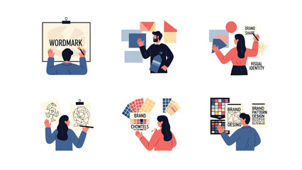 Fototapeta premium Brand Identity Design Process Illustrations Set: Logo, Visuals, Colors, and Guidelines Development Workflow