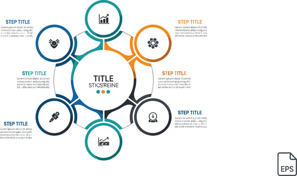 Business process infographic vector with circular steps icons and connected workflow diagram for strategy planning presentation and corporate management design
