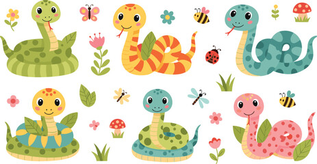 Obraz premium Cute Cartoon Snake Character Collection with Colorful Reptiles Flowers Butterflies Ladybugs and Garden Nature Elements for Kids Animal Illustration Set