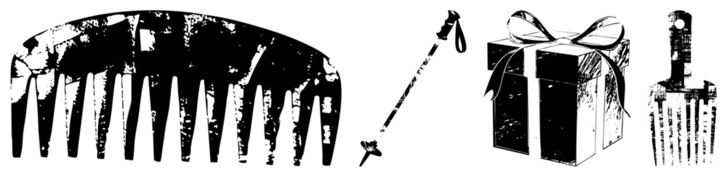 Grunge styled black and white comb, ski pole, gift box with bow, and fork set, isolated vector graphics with textured distress effect.