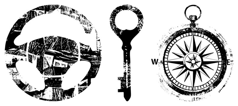 Nautical symbols including compass rose, old fashioned key, and ship&rsquo;s wheel, rendered in distressed black and white vector style. Maritime navigation tools with textured, grungy finish.