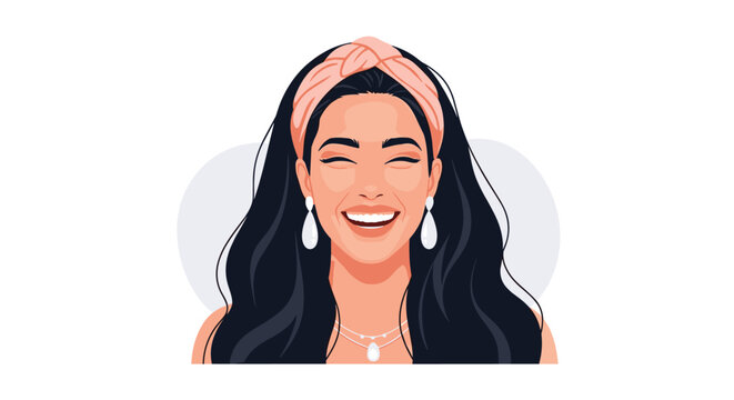 Beautiful smiling woman with long dark hair wearing a pink headband and elegant pearl jewelry is shown in a portrait illustration.
