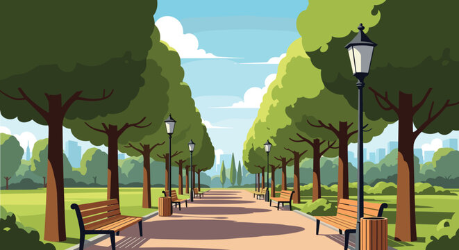 Scenic view down a long tree lined walkway in a quiet city park with wooden benches and traditional street lamps under a blue sky.